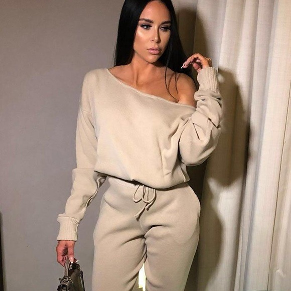 Stone Fine Knit Off The Shoulder Loungewear - Picture 1 of 1